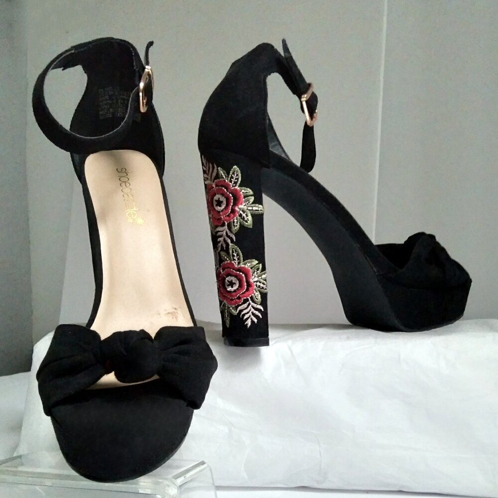 Black Suede Rose High Block Heel Peep Toe Top Knot Bow Ankle Strap Sandals Sz7